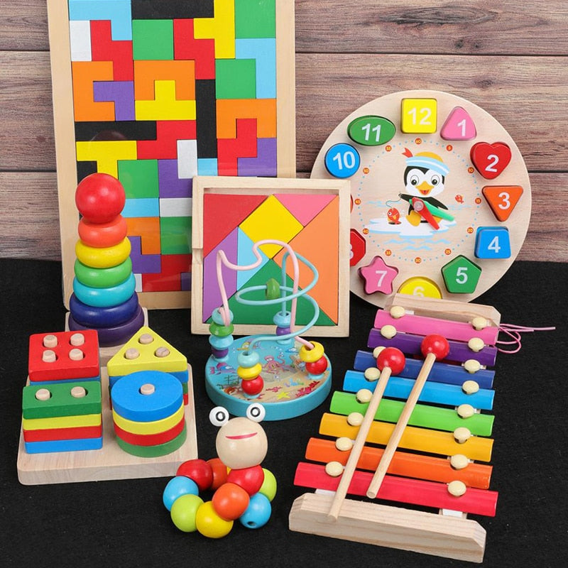 #217  Kids Montessori Wooden Toys Rainbow Blocks Kid Learning Toy Baby Music Rattles Graphic Colorful Wooden Blocks Educational Toy